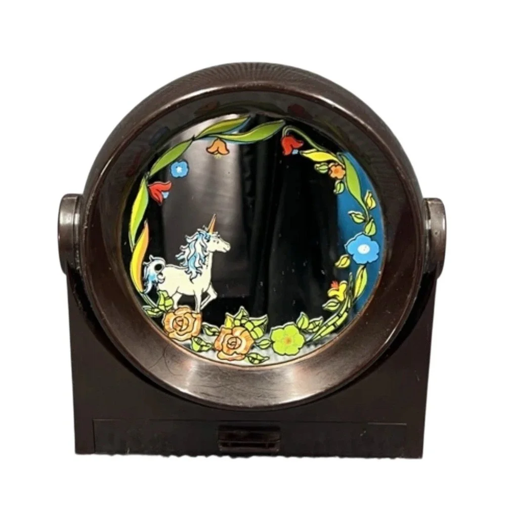 VTG 70's Yaps Brown Lucite Mirror Unicorn Floral Music Box Small‎ Drawer RARE